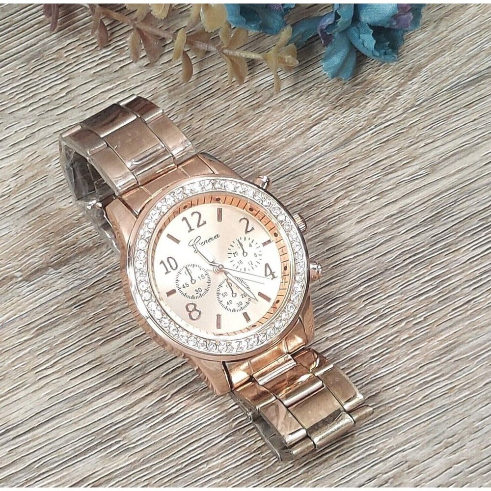 Unisex Geneva Watch Gold Rose Simulated Diamonds Jewelry Bracelet Wrist Trinket